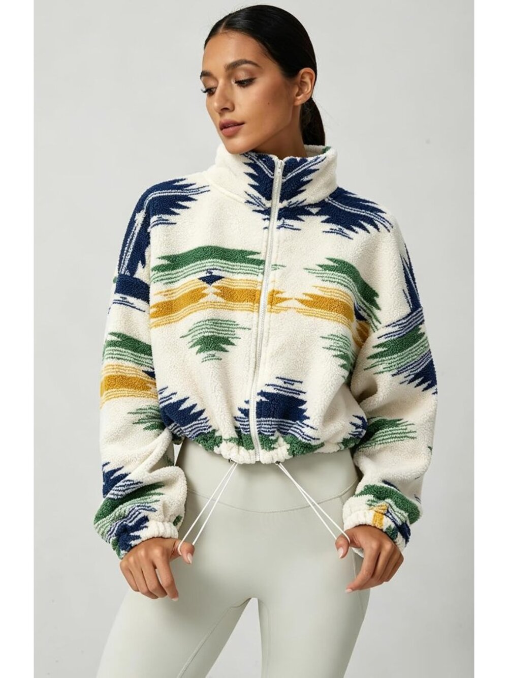 Women’s Geometry Cropped Sherpa Full Zip Warm Winter Coat Fleece Jacket - Picture 4 of 6